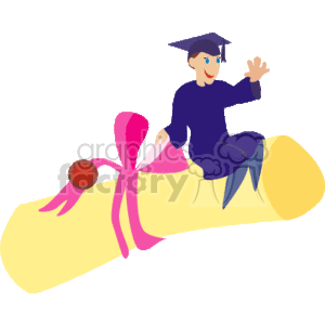   This clipart image features a joyful cartoon character dressed in a blue graduation cap and gown sitting atop a large diploma that is rolled up and tied with a pink ribbon. The character