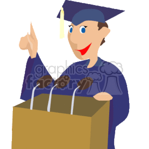 The clipart image depicts a cartoon of a person celebrating graduation. They are wearing a blue graduation gown and cap, and holding a diploma in their hand while standing behind a podium with microphones. The person is smiling, which conveys a sense of achievement and happiness typical of a graduation ceremony.