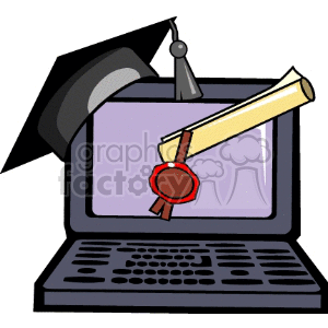 A clipart image of a graduation cap and diploma on a laptop, symbolizing online education and graduation.