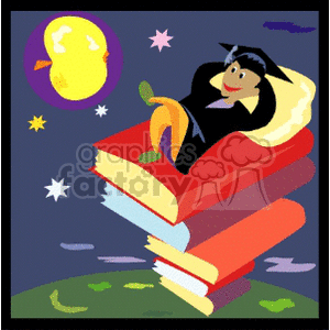 A colorful clipart image depicting a graduate in a cap and gown, smiling and reclining on a stack of large books. The scene is set against a night sky with stars and a shining moon, symbolizing the journey of education and success.