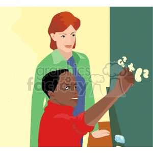 Teacher Helping Student at Chalkboard