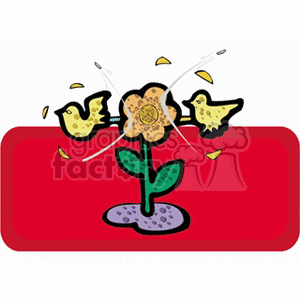 A whimsical clipart image featuring a flower with two stylized ducks on either side, set against a red background.