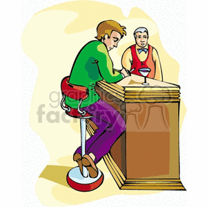 Clipart of a bartender serving a customer seated at a bar with a cocktail on the counter.