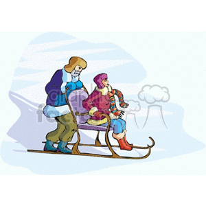 A clipart image of a winter sleigh ride with two people. One person is seated on the sleigh, while another is pushing it. Both are dressed in winter clothing.