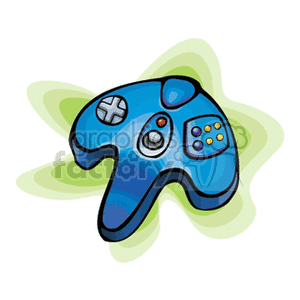 Clipart image of a blue video game controller with colorful buttons and a control stick.