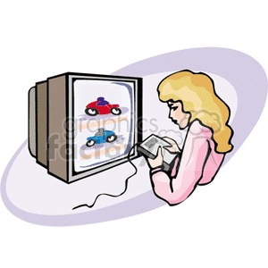 A clipart image of a woman playing a video game on a television screen, with a racing game featuring two motorcycles displayed on the screen.