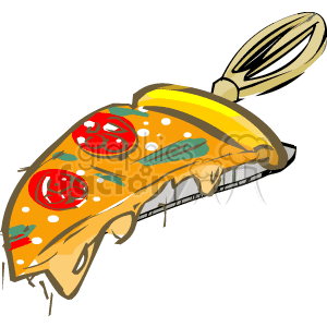 The clipart image features a single slice of pizza with toppings that appear to include tomato slices and possibly some herbs or green toppings. The pizza appears to be cheese-covered, and there's a golden-brown crust visible. Additionally, there is some stringy cheese depicted, suggesting the pizza is freshly lifted or hot, which often results in a stretchy cheese effect.