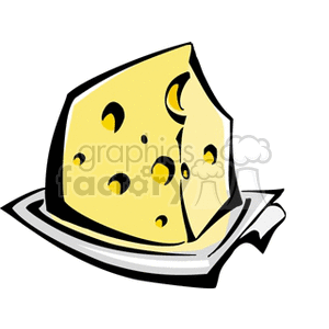 A clipart image of a wedge of yellow cheese with holes, placed on a platter.