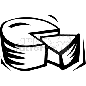 Black and white clipart illustration of a round cheese wheel with a wedge cut out.