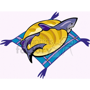 This clipart image showcases a stylized depiction of a fish placed on a loaf of bread, resting on a checkered cloth or napkin.