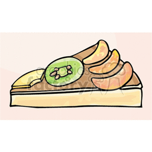 A clipart illustration of a fruit tart slice featuring a kiwi and peach slices.