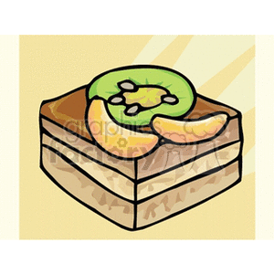 This is a clipart image of a slice of layered cake with fruit toppings, specifically a slice of kiwi and two peach slices.