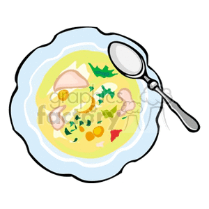 Clipart image of a bowl of soup with vegetables and a spoon.