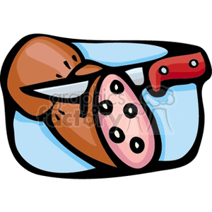 A cartoon-style clipart image of a sausage with a knife slicing through it.