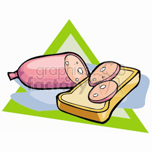 Clipart image of sliced sausage and bread with a green geometric background.