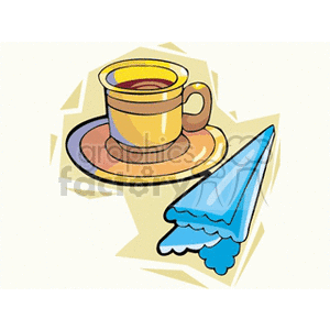 Clipart image of a cup on a saucer with a folded blue napkin.