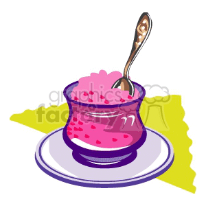 Illustration of a dessert bowl with a spoon, containing pink-colored dessert on a plate.