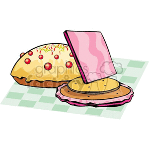 Clipart of a decorated cake with cherries and a layered pastry or dessert on a checkered tablecloth.