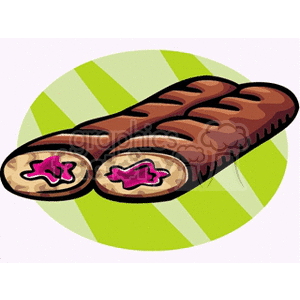 Clipart image of two chocolate-covered pastries with pink filling.