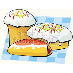 Clipart image of three cakes with icing and colorful sprinkles on a patterned background.