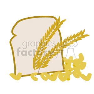 A clipart image featuring a slice of bread, two wheat stalks, and pieces of pasta.