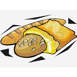 Clipart image of various bread types including a loaf of French bread, a wheat roll with sesame seeds, and a slice of buttered bread placed together.