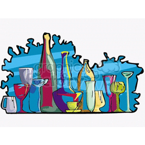 Colorful clipart of various bottles and glasses representing alcoholic beverages against a vibrant background.