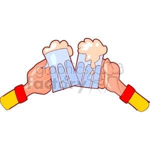 Clipart image of two hands clinking beer mugs with frothy beer spilling over, symbolizing a celebratory toast.