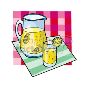 Clipart image of a pitcher and glass of lemonade with lemon slices against a checkered background.