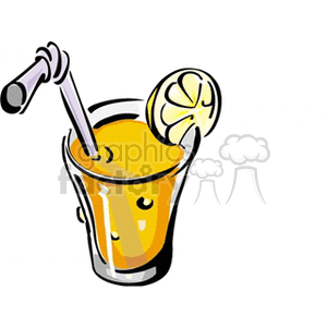 Clipart image of a glass of orange juice with a straw and a lemon slice.