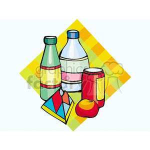 Colorful clipart image featuring assorted beverage bottles, a drink can, a juice carton, and a piece of fruit.