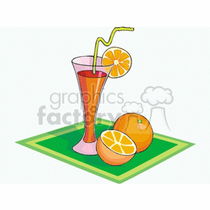 A clipart image of a glass of orange juice with a straw, accompanied by whole and half oranges on a green mat.