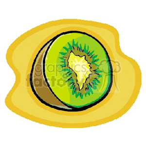 Colorful clipart image of a sliced kiwi fruit.