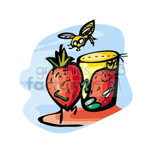 Clipart image of a cartoon strawberry and a strawberry drink, with a bee flying nearby.