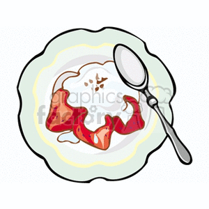 Clipart of strawberries with whipped cream on a plate with a spoon.