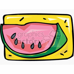 Clipart image of a watermelon slice with pink flesh and seeds on a yellow background.