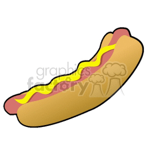 A clipart image of a hotdog topped with mustard.