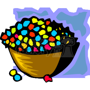 The clipart image shows a bowl filled with colorful popcorn. The bowl appears to be made of a brown material, possibly meant to represent wood or a brown-colored bowl. The popcorn has various vivid colors like blue, yellow, red, green, and more, suggesting it could be candy-coated or flavored popcorn. There are a few pieces of popcorn that seem to have fallen out of the bowl onto the surface beside it.
