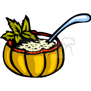 The clipart image depicts a bowl of clam chowder soup. The bowl is stylized to resemble an opened clam shell with the soup inside, and there're garnishes of leafy herbs on top. There is also a soup spoon inserted into the bowl.