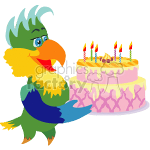   This clipart image features a colorful cartoon bird presenting a two-tiered birthday cake with lit candles on top. The cake appears decorated with icing and some kind of topping, perhaps nuts or candies. 