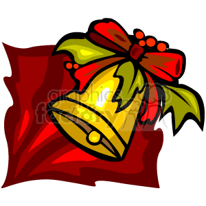   The image displays a stylized, festive Christmas bell. It is decorated with holly leaves and berries, and it has a large red bow on top. The bell appears to be golden, and it