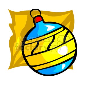 This clipart image features a colorful Christmas ornament. The ornament is designed with blue and yellow stripes, and it has a shiny surface suggested by white highlights. It is pictured in front of a golden-yellow piece of fabric or ribbon, which could be part of Christmas decoration.