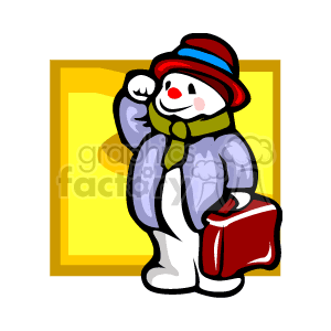 The image displays a cartoon snowman dressed in a winter hat and scarf, with a smile on its face, holding a briefcase or suitcase. The snowman appears to be in a cheerful pose, as if waving or gesturing with one hand. The background is a simple frame with a yellow-to-orange gradient.