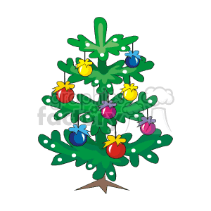 The image depicts a stylized, cartoon-like illustration of a Christmas tree adorned with colorful bulbs or decorations. The tree has a traditional pyramid shape with a pointed top, comprised of multiple layers of green branches. The decorations are spherical bulbs in various colors such as yellow, blue, red, and purple, hanging from the branches. The tree is also standing on a simple brown tree stand or trunk at the bottom.