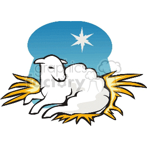 Clipart of a white lamb resting on hay with a star in the background, reminiscent of a manger scene.