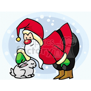 Clipart image of Santa Claus bending down to interact with a cute white bunny in a snowy setting.