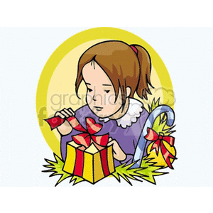 A girl with brown hair is unwrapping a gift box with a red ribbon next to a candy cane decorated with a bow.