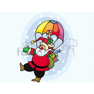 A cheerful Santa Claus parachuting with a candy cane and a sack of gifts amidst snowflakes.