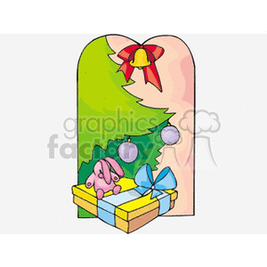 A festive clipart image featuring a Christmas tree with decorations, a bell with a red bow, and presents wrapped with bows, including a plush toy on top.