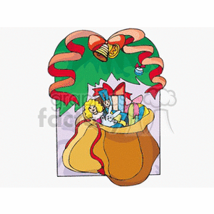 A festive Christmas clipart featuring a sack filled with gifts and toys, adorned with a green wreath and red ribbon bow.